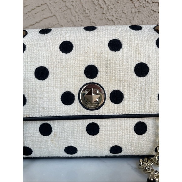 KATE SPADE Black & White Polka Dot Textured Natalia Chain Strap Flap Satchel Bag - Picture 11 of 17